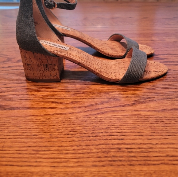 Steve Madden Blue Denim Block Cork Open Toe Shoes Heels Sandals - Picture 3 of 9